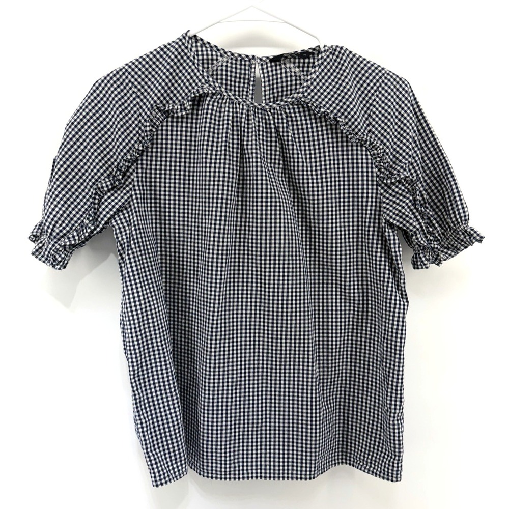 Lucky Brand Navy Blue Plaid Gingham Short Sleeve Ruffle Shirt Feminine Women XS